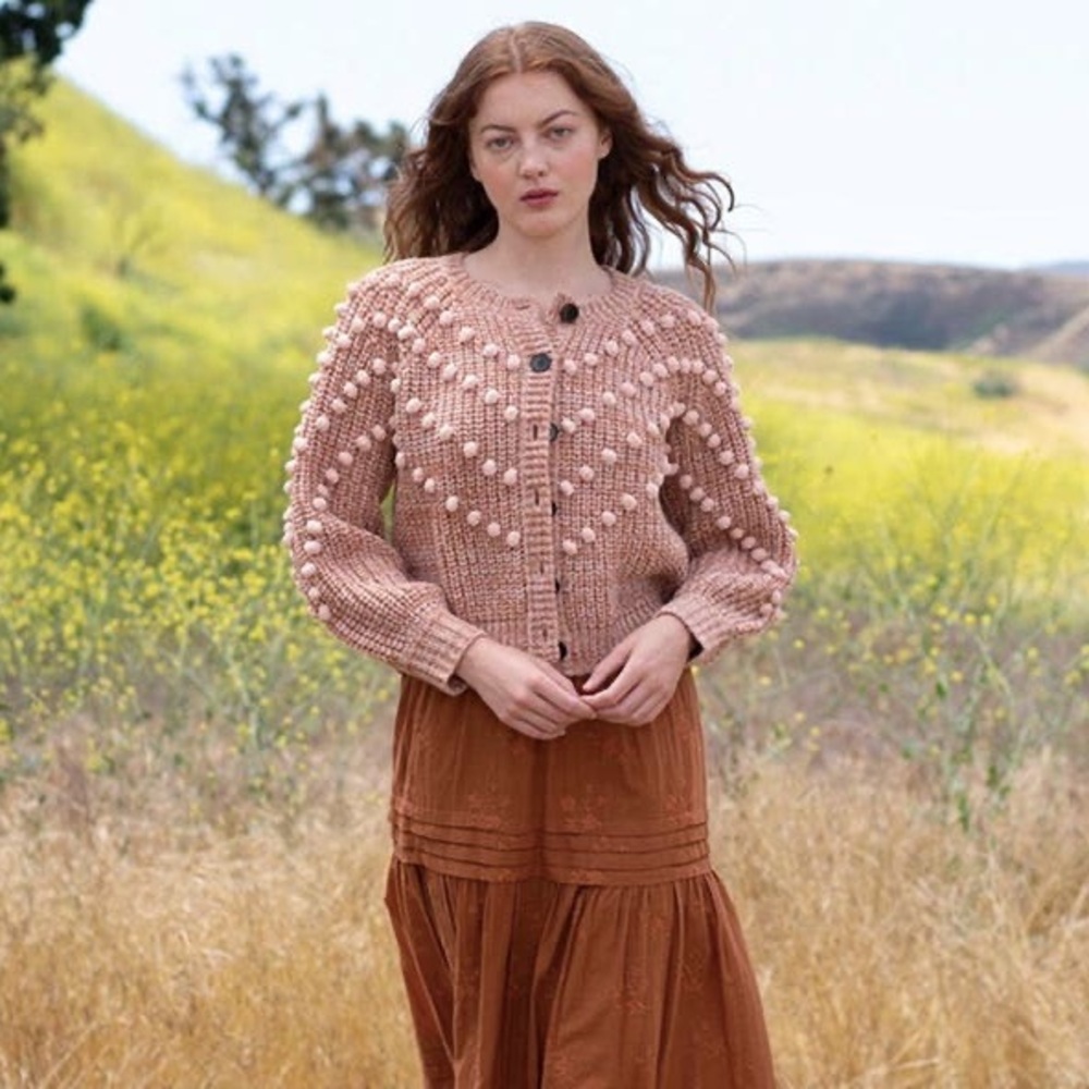 THE GREAT. Pink Marled Bobble Cardigan Sweater Savanna Rose, Small 1361